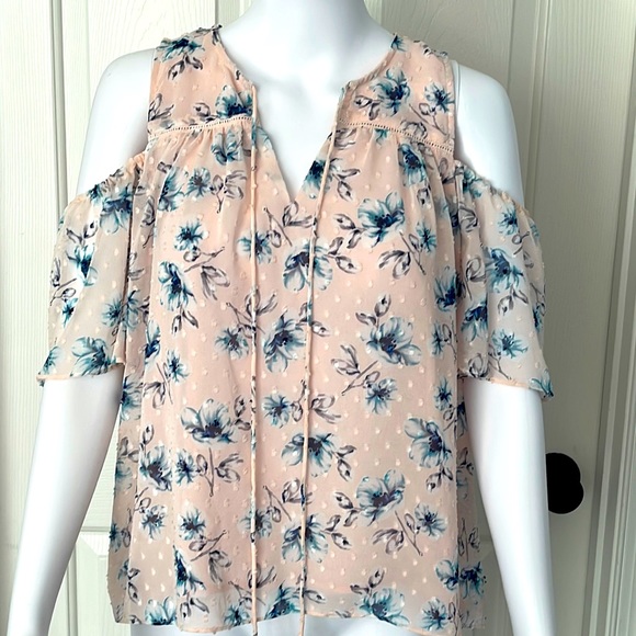 Anthropologie🌸Moon River Eyelet Peplum Light pink/Blue Floral Cold Shoulder -S - Picture 4 of 10